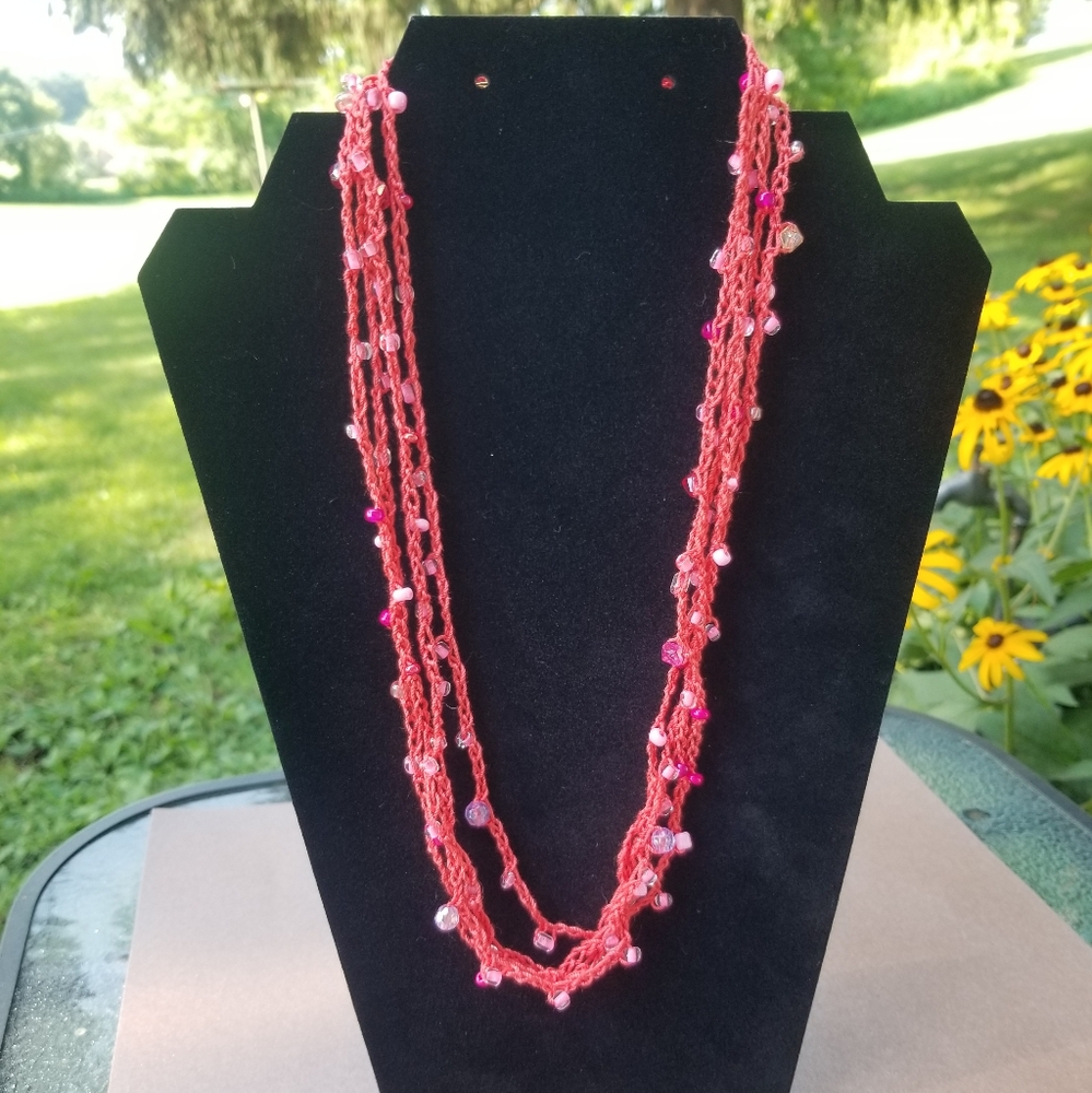 Salmon Pink Crochet Beaded Necklace
